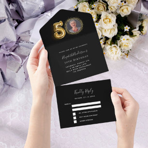 50th birthday black gold photo rsvp all in one invitation