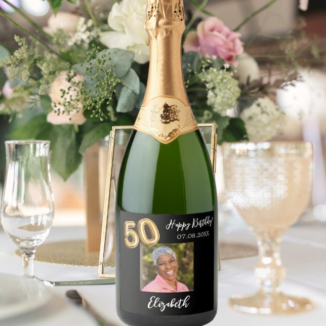 50th Birthday black gold photo Sparkling Wine Label (Creator Uploaded)