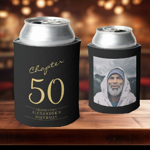 50th Birthday Black Gold Photo Template Can Cooler