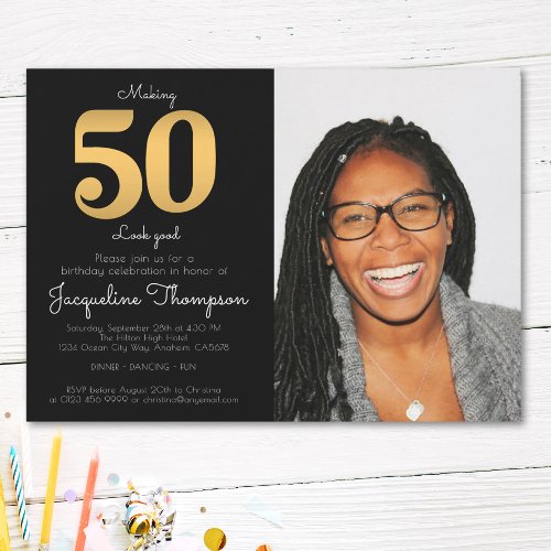 50th Birthday Black Gold Photo Template Invitation