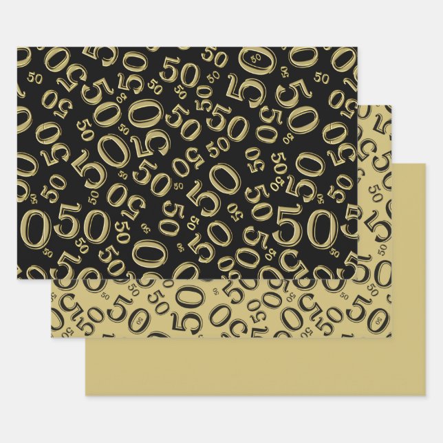 50th Birthday Black & Gold Random Number Pattern Wrapping Paper Sheets (Set)
