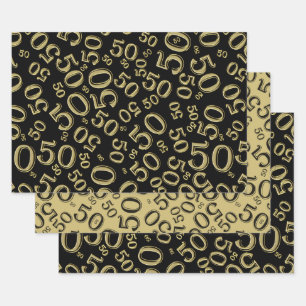 50th Birthday Black/Gold Random Number Pattern Wrapping Paper Sheets