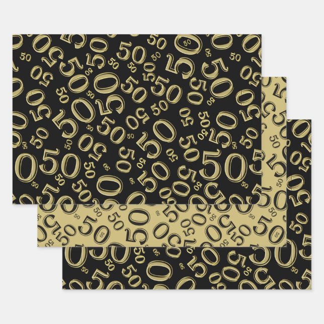 50th Birthday Black/Gold Random Number Pattern Wrapping Paper Sheets (Set)