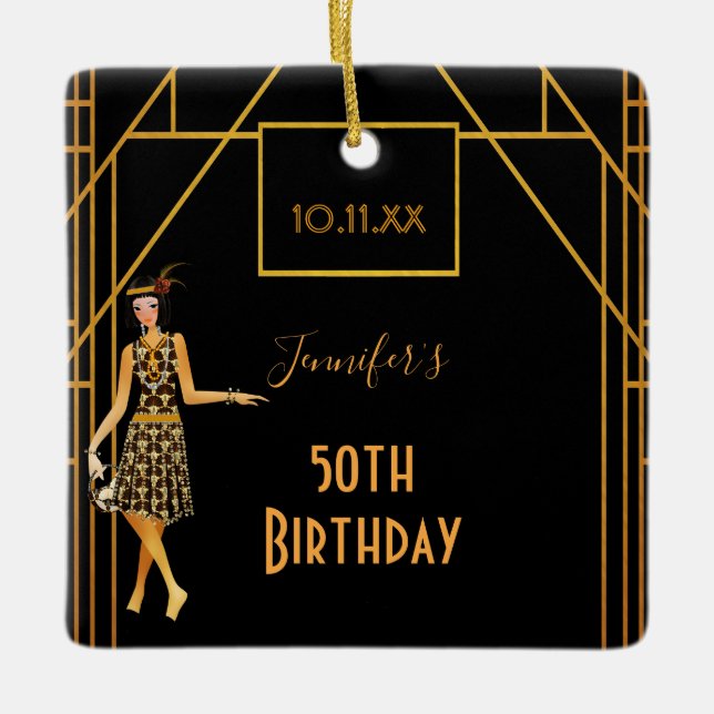 50th birthday black gold roaring 1920’s art deco ceramic ornament (Front)
