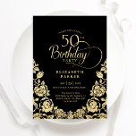 50th Birthday Black Gold Roses Invitation<br><div class="desc">Black gold elegant 50th birthday party invitation. Classy design featuring roses,  faux gold foil and typography script font. Trendy invite card perfect for a stylish female bday celebration. Personalize with your own details. Can be customized to any age. Printed Zazzle invitations or instant download digital printable template.</div>