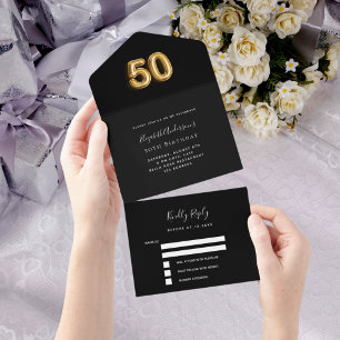 50th birthday black gold rsvp all in one invitation