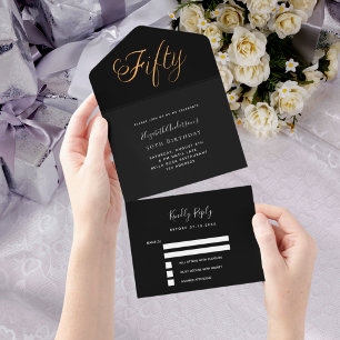 50th birthday black gold script rsvp all in one invitation