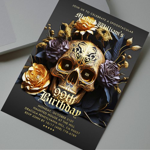 50th Birthday Black Gold Skull Halloween Party Foil Invitation