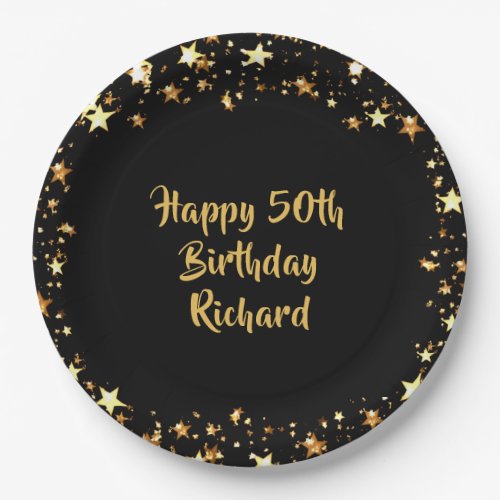 50th Birthday Black Gold Stars Name Paper Plates