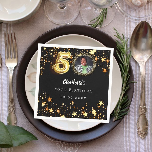 50th birthday black gold stars photo napkins (Creator Uploaded)