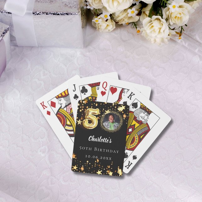 50th birthday black gold stars photo poker cards (Creator Uploaded)