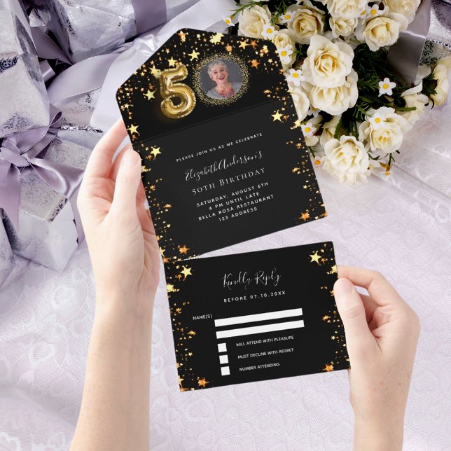 50th birthday black gold stars photo rsvp all in one invitation (Creator Uploaded)