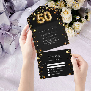 50th birthday black gold stars rsvp all in one invitation