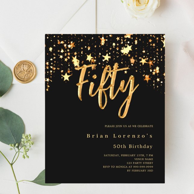 50th birthday black gold stars script invitation (Creator Uploaded)