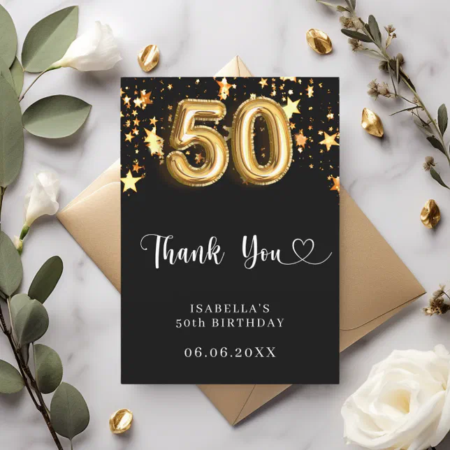 50th birthday black gold stars thank you card | Zazzle