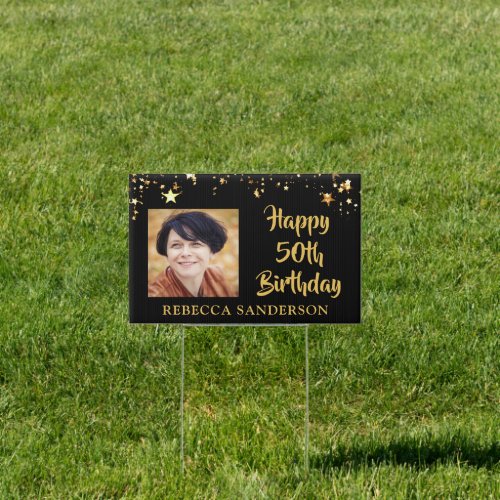 50th Birthday Black Gold Stars Two Photos Name Sign