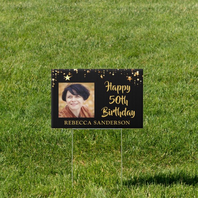50th Birthday Black Gold Stars Two Photos Name Sign (Insitu)