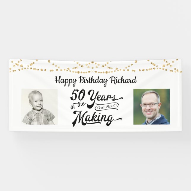 50th Birthday Black Gold String Lights Photos Bann Banner (Horizontal)