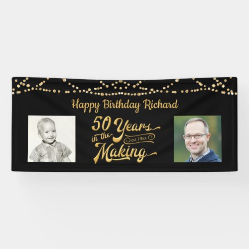 50th Birthday Black Gold String Lights Photos Banner