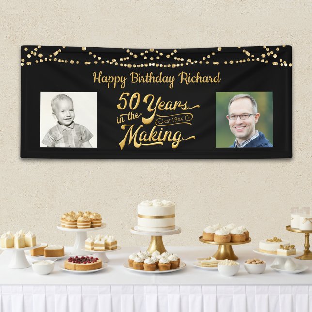 50th Birthday Black Gold String Lights Photos Banner (Creator Uploaded)