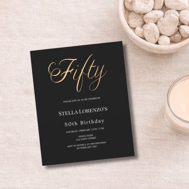 50th birthday black gold typography invitation (Creator Uploaded)