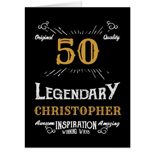 50th Birthday Black Gold White Elegant Funny Retro Card