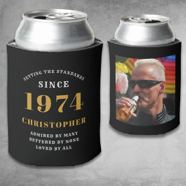 50th Birthday Black Gold With Photo Can Cooler