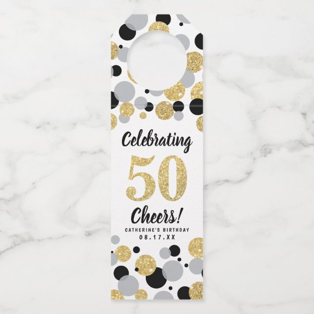 50th Birthday Black Gray Gold Glitter Confetti Bottle Hanger Tag (Front)