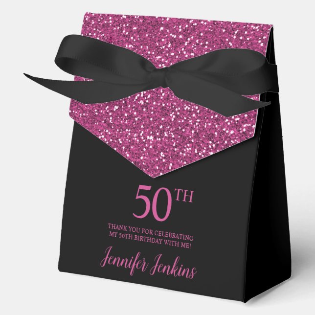 50th Birthday Black Hot Pink Glitter Thank You Favor Boxes (Front)