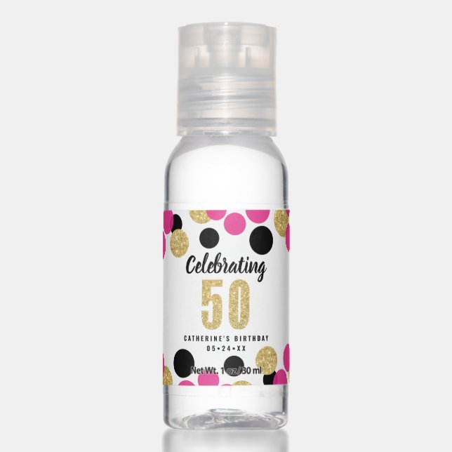 50th Birthday Black Hot Pink Gold Glitter Confetti Hand Sanitizer (Front)