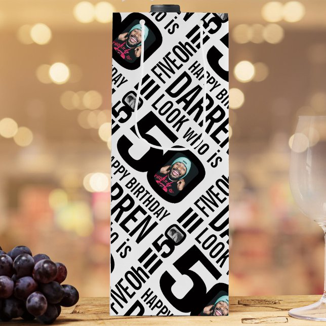 50th birthday black look 50 custom photo name wine gift bag (Creator Uploaded)
