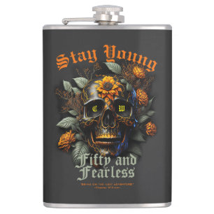 50TH BIRTHDAY BLACK ORANGE SKULL STAY YOUNG FLASK