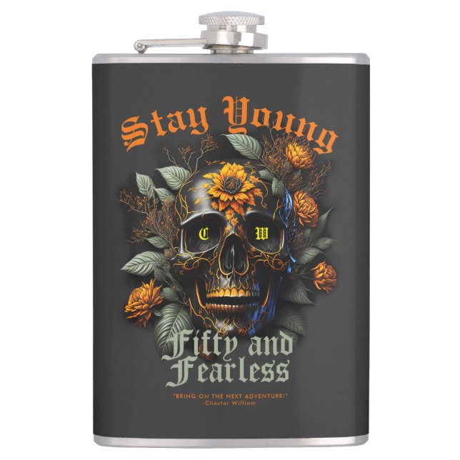 50TH BIRTHDAY BLACK ORANGE SKULL STAY YOUNG FLASK (Front)
