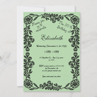 50th Birthday Black & Pale Green Botanical Floral Invitation