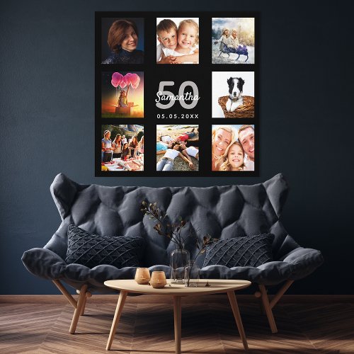 50th birthday black photo collage monogram canvas print