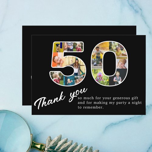 50th Birthday Black Photo Collage Thank You Card
