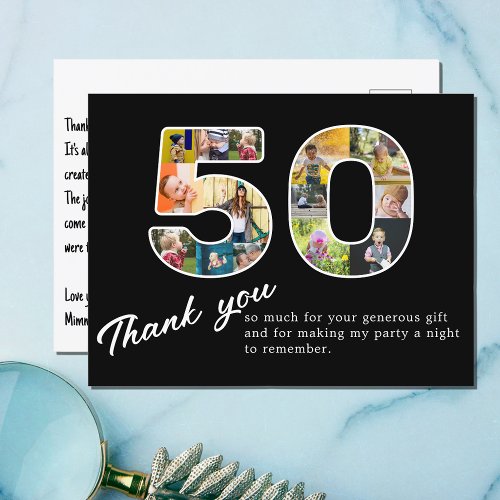 50th Birthday Black Photo Collage Thank You Postcard
