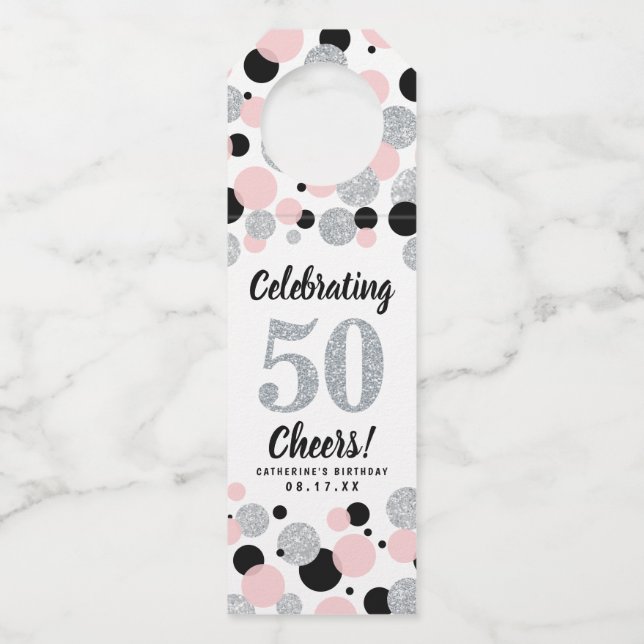 50th Birthday Black Pink Silver Glitter Confetti Bottle Hanger Tag (Front)