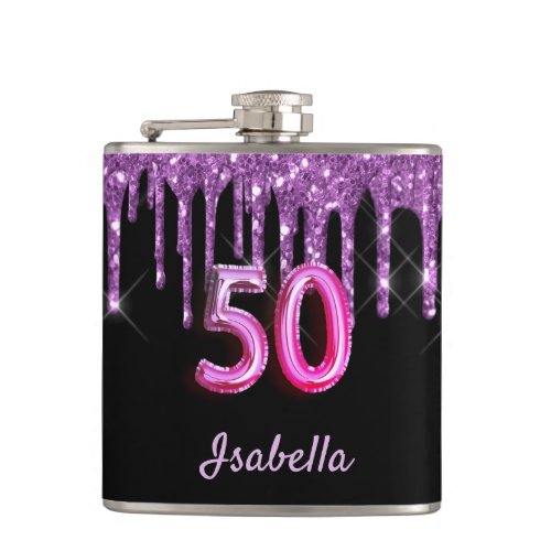 50th birthday black purple glitter monogram flask