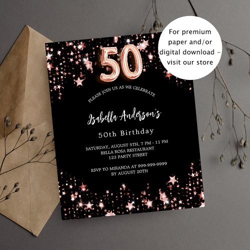 50th birthday black rose gold budget invitation
