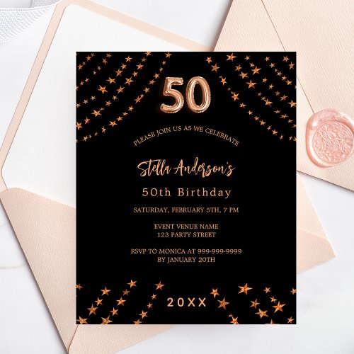 50th birthday black rose gold budget invitation flyer