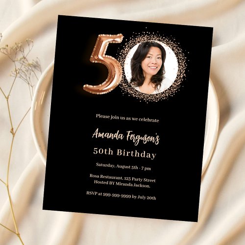 50th Birthday black rose gold photo invitation