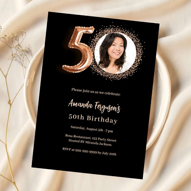 50th Birthday black rose gold photo Invitation (Creator Uploaded)