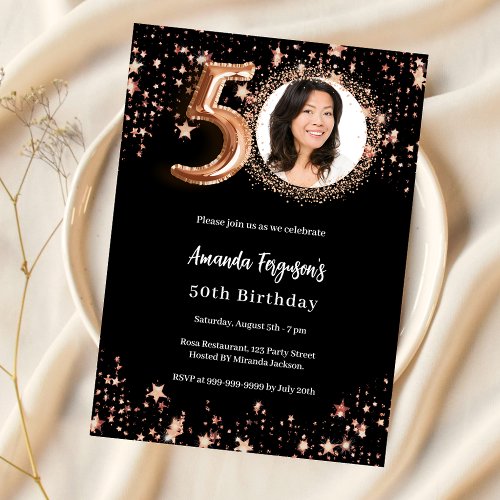 50th Birthday black rose gold photo stars luxury Invitation