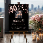 50th birthday black rose gold photo stars welcome foam board<br><div class="desc">A welcome board for a glamorous 50th birthday party.  A classic black background decorated with rose gold stars.  Personalize and add a photo and name.  Number 50 is written with a balloon style font.
Back: no design</div>