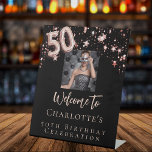 50th birthday black rose gold photo stars welcome pedestal sign<br><div class="desc">A welcome sign for a glamorous 50th birthday party.  A classic black background decorated with rose gold stars.  Personalize and add a photo and name.  Number 50 is written with a balloon style font.</div>