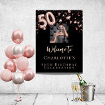 50th birthday black rose gold photo stars welcome poster<br><div class="desc">A welcome poster for a glamorous 50th birthday party.  A classic black background decorated with rose gold stars.  Personalize and add a photo and name.  Number 50 is written with a balloon style font.</div>
