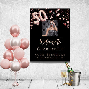 50th birthday black rose gold photo stars welcome poster