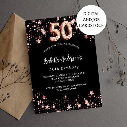 50th birthday black rose gold stars invitation
