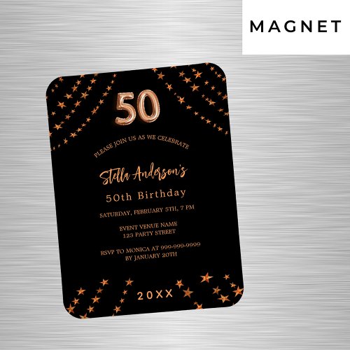 50th birthday black rose gold stars invitation magnet
